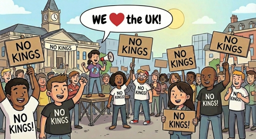Meme pointing out the hypocrisy of those who attended No King's rallies while saying the US should be more like the UK