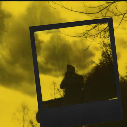 polaroid photo of a man taking a photo with a analog camera. in yellow and black