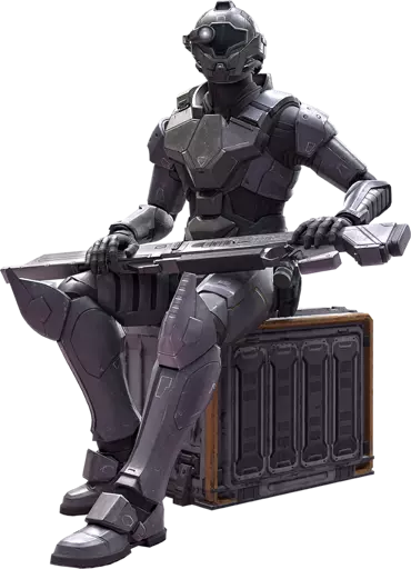Character art of Reger Tokabi, a minor side character from Metroid Prime 4: Beyond. He's wearing bog standard power armor that looks like a Spirit Halloween Iron Man suit. 