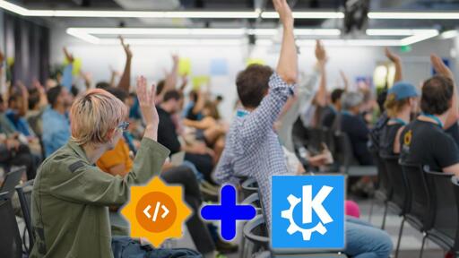 People in what looks like a conference hall or a classroom, must have their hands raised, as if volunteering for something.

At the bottom you can see the Google Summer of Code logo, plus sign and the KDE logo.