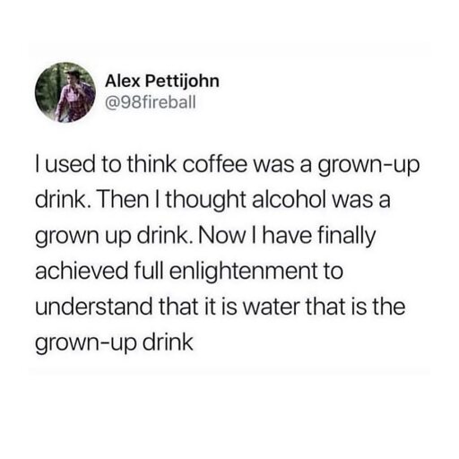 A post by user Alex Pettijohn @98fireball  "I used to think coffee was a grown-up drink. Then I thought alcohol was a grown up drink. Now I have finally achieved full enlightenment to understand that it is water that is the grown- up drink"