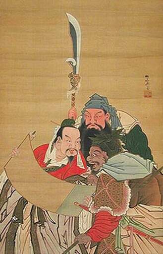 An Ukiyo-e work created by Japanese artist Sakurai Sekkan shows the Oath of the Peach Garden