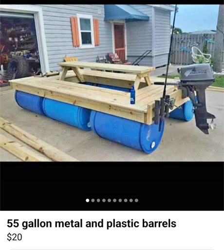 Facebook marketplace listing of a homemade boat that's a bench made of 2 by 4s with 6 plastic oil barrels with a fishing boat motor on the back