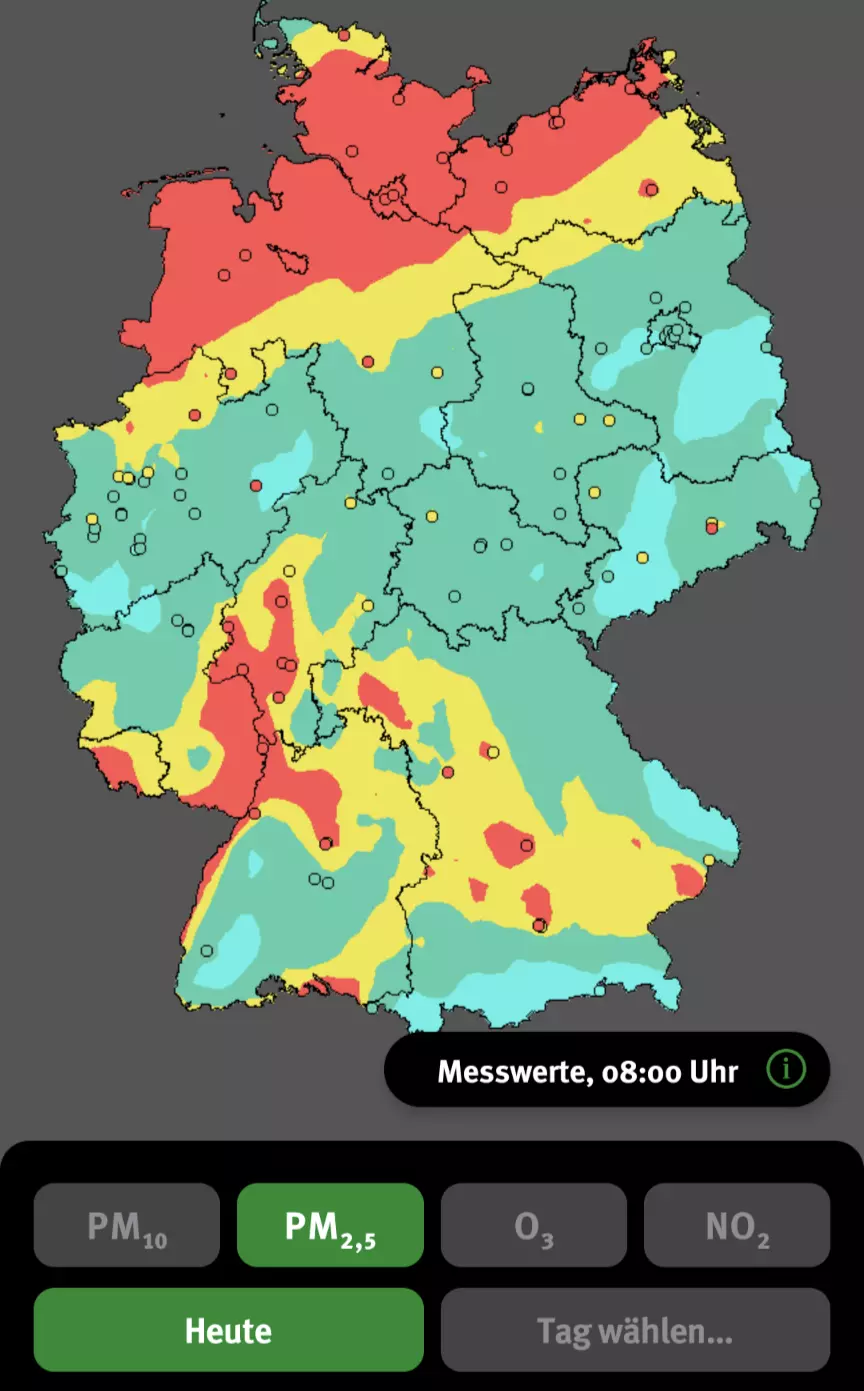 Screenshot der Luftqualitäts-App vom Umweltbundesamt. Erhöhte Feinstaubbelastung für Hamburg und Schleswig Holstein.