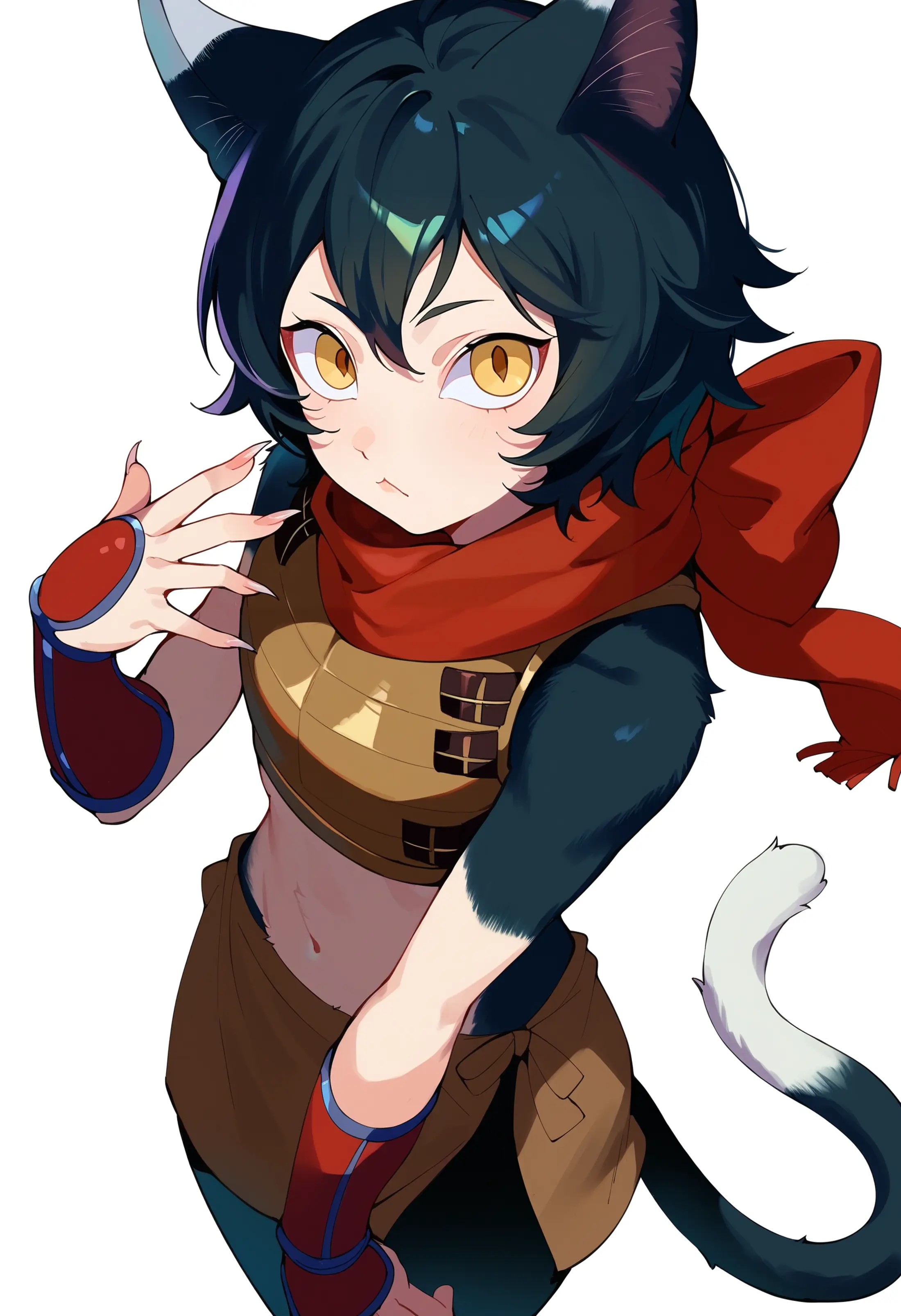 A girl with feline features dressed in an adventurous outfit with a red scarf, leather breastplate, and gauntlets. She has large yellow eyes and black hair covering her head and parts of her body. 