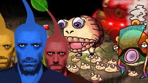 Hand drawn Pimin enemies walk towards 3 Dr. House. In reference to Pikmin, the Doctors are coloured, only the red has a nose, only the blue has a mouth, and only the yellow has ears.