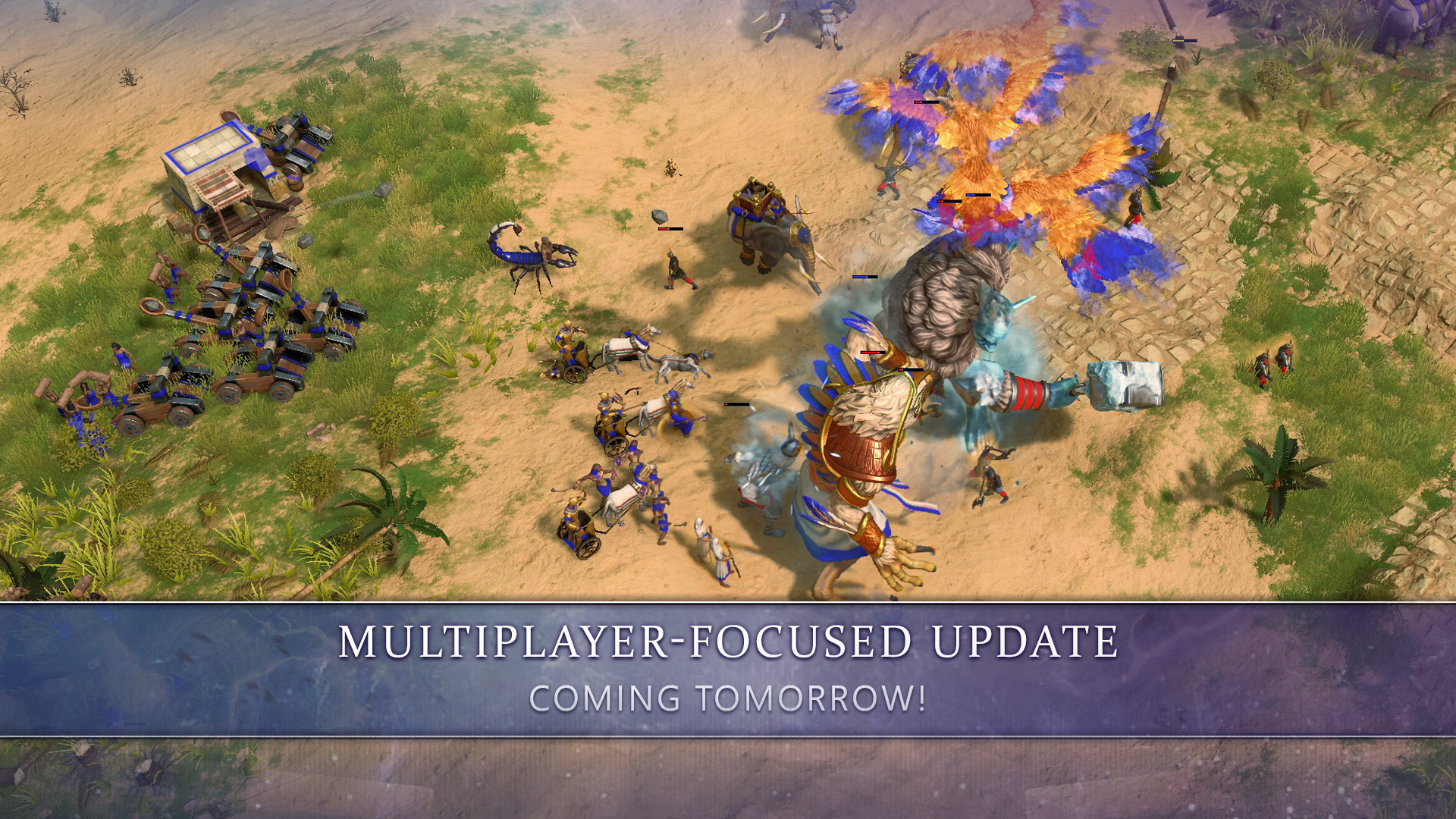 Screenshot of Age of Mythology titans battling with the text "Multiplayer-focused update coming tomorrow!"